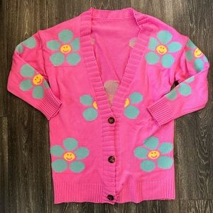 Hot pink smiley daisy funky cardigan sweater
